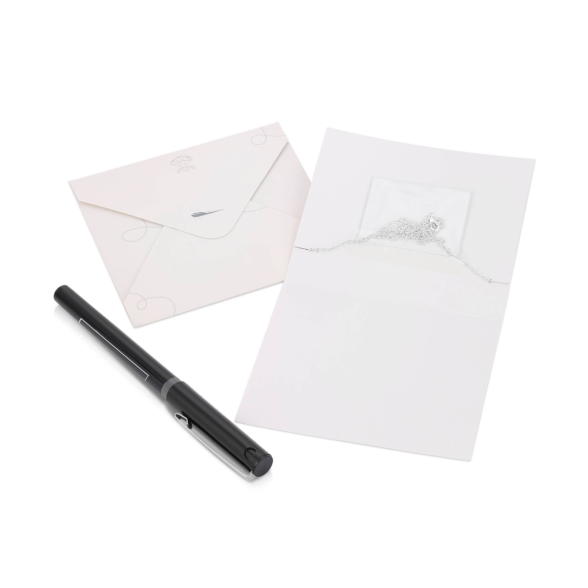 Two white envelopes and a black pen on a white background
