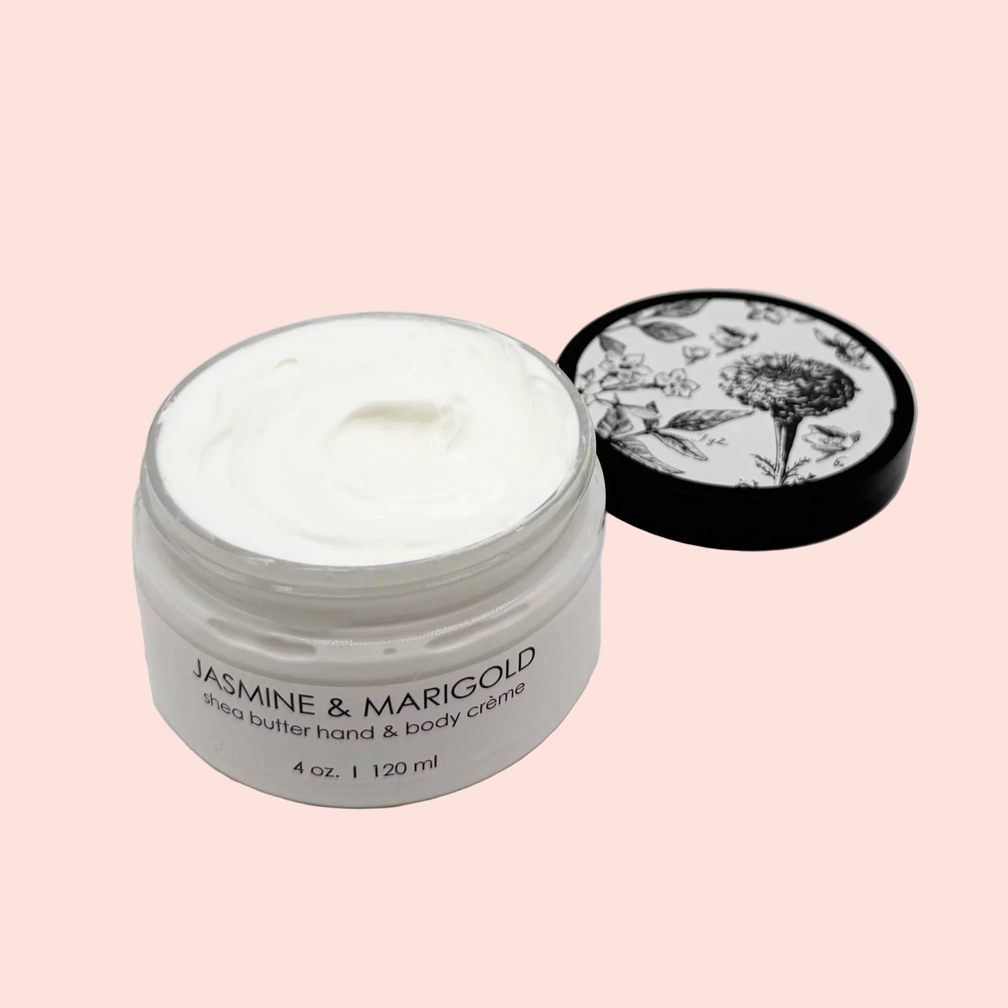 Jar of Jasmine & Marigold hand and body crème on a white background
