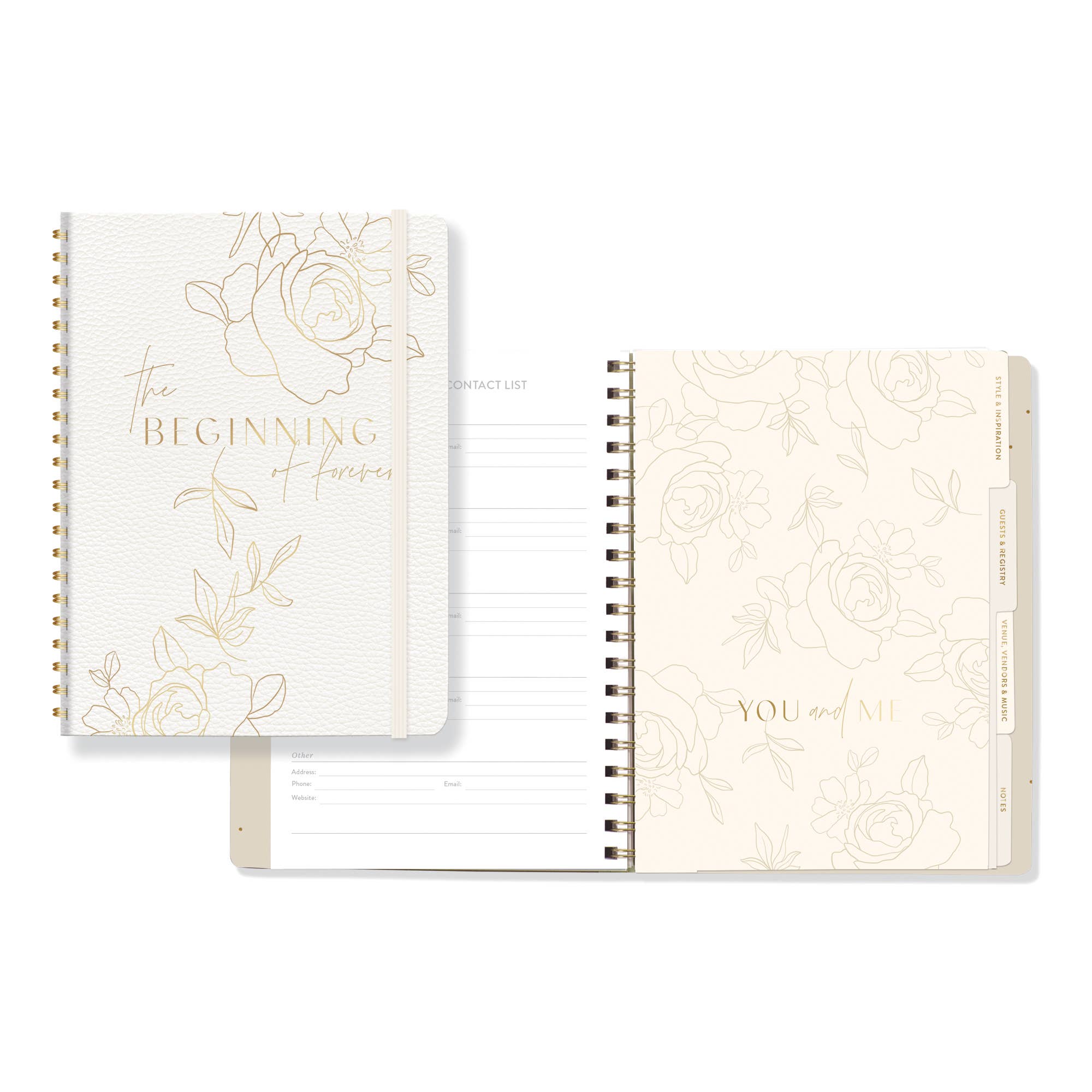 Cascading Roses wedding planner with elegant floral cover, gold foil accents, and coordinating interior pages.