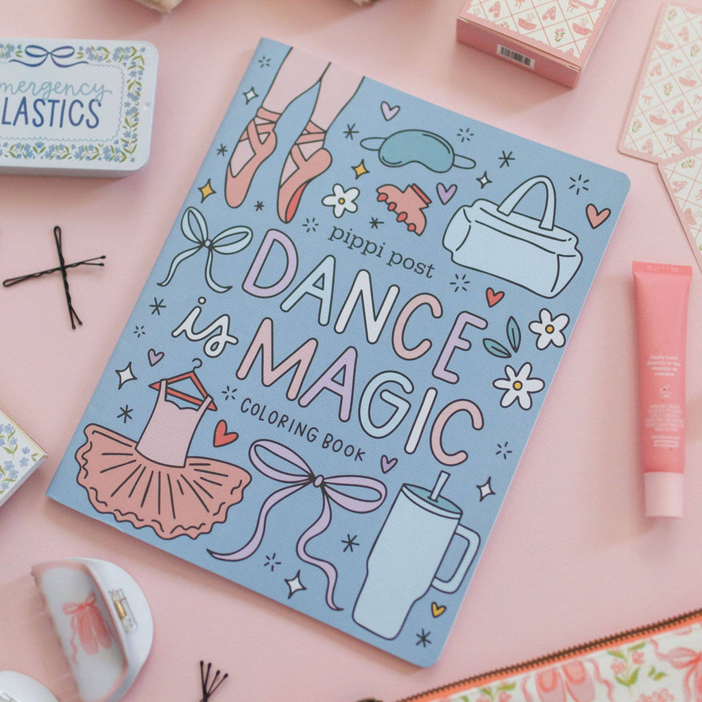 Dance Is Magic Coloring Book displayed with coloring supplies.