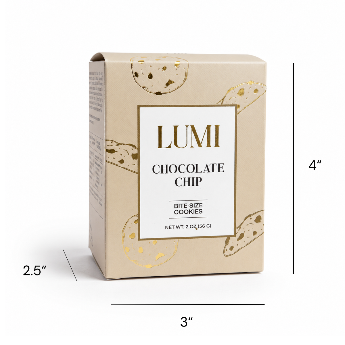 Lumi Chocolate Chip cookie box with dimensions on a white background