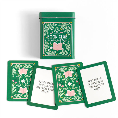 Book Club Ice Breakers conversation card game in green keepsake storage tin by Pippi Post.