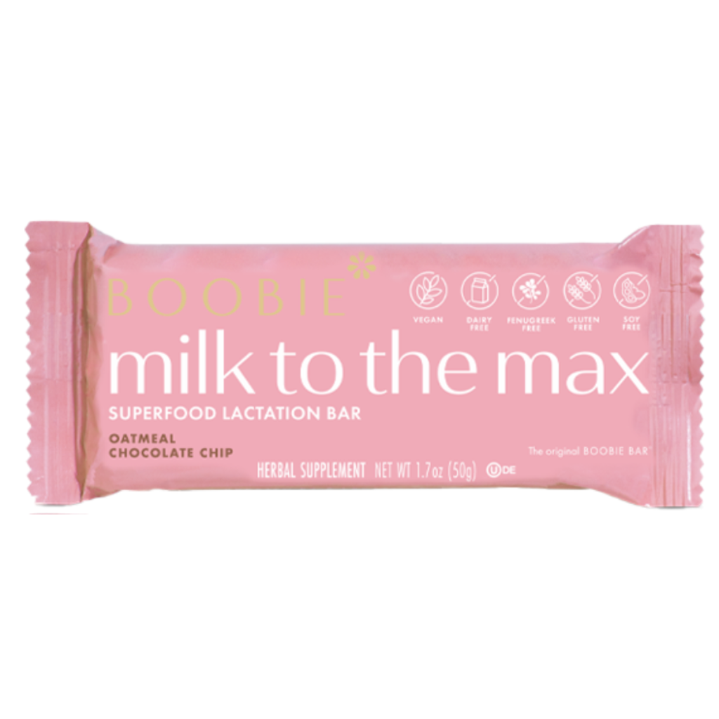 Milk to the Max Oatmeal Chocolate Chip Lactation Bar by Boobie Superfoods for breastfeeding and postpartum support.