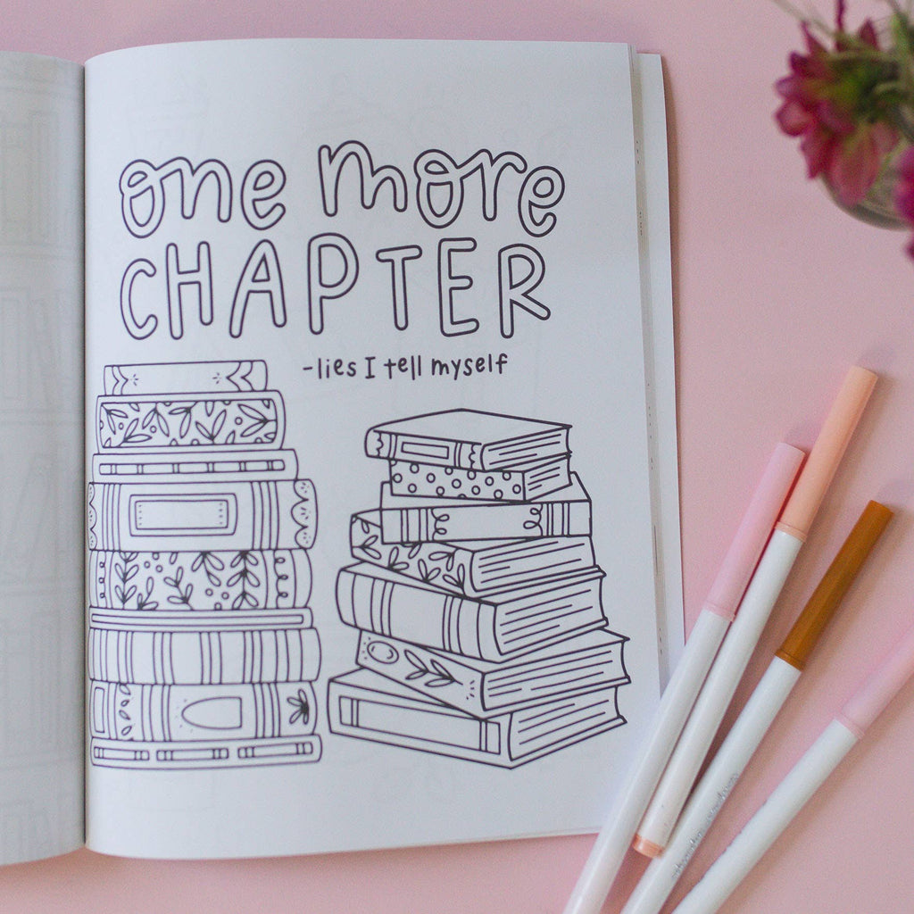 Coloring page with "One More Chapter" design and reading-inspired artwork.