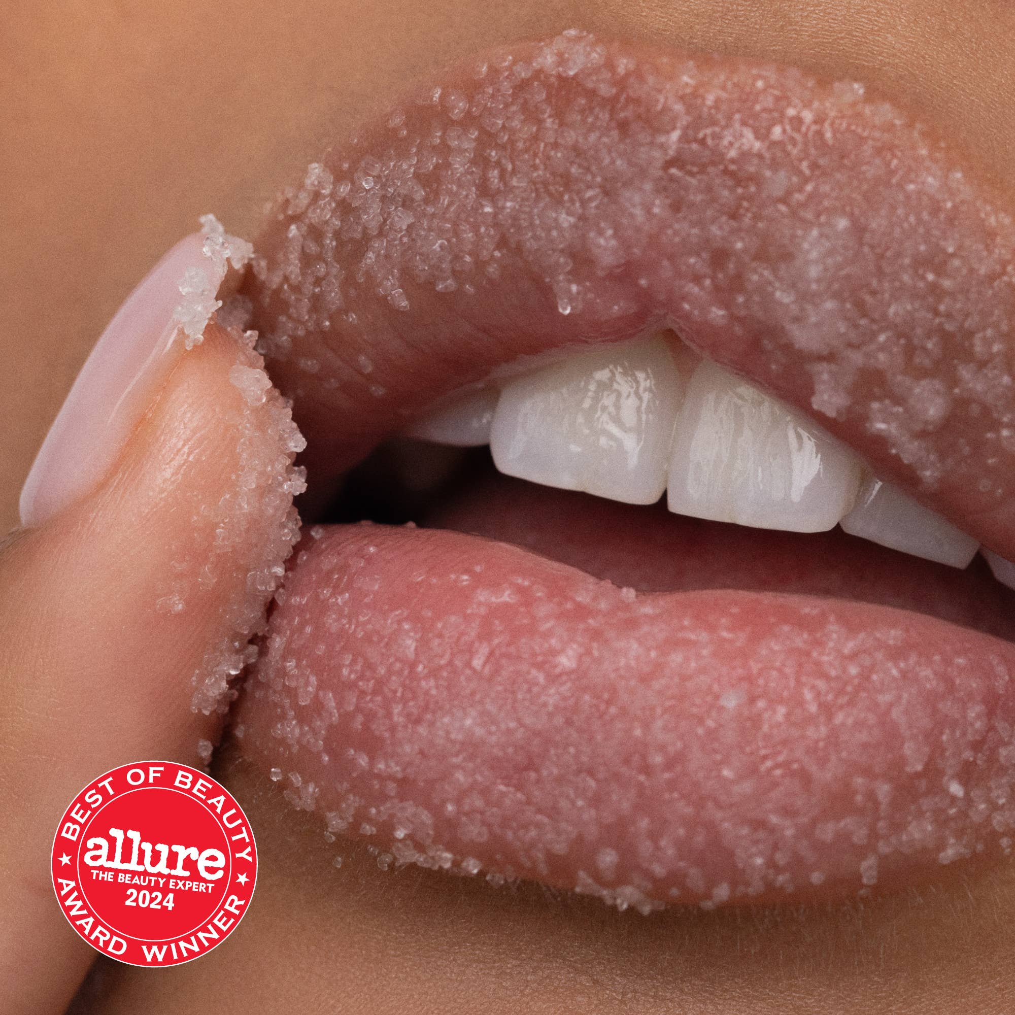 Close-up of lips with a 'Best of Beauty' Allure award badge.