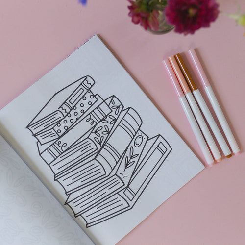 Interior coloring page with a cozy bookshelf illustration.