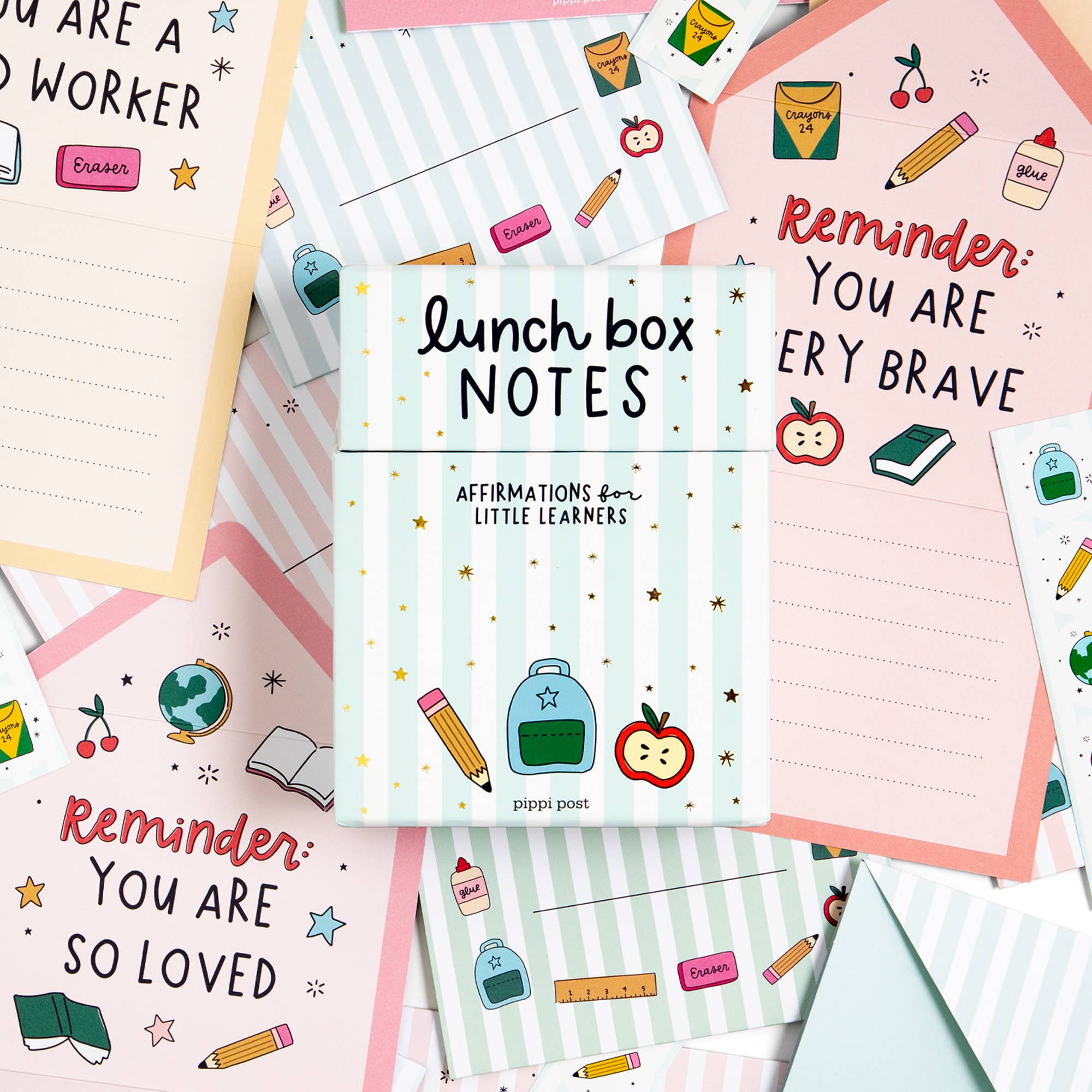 Collection of lunch box notes with motivational messages and illustrations on a colorful background.