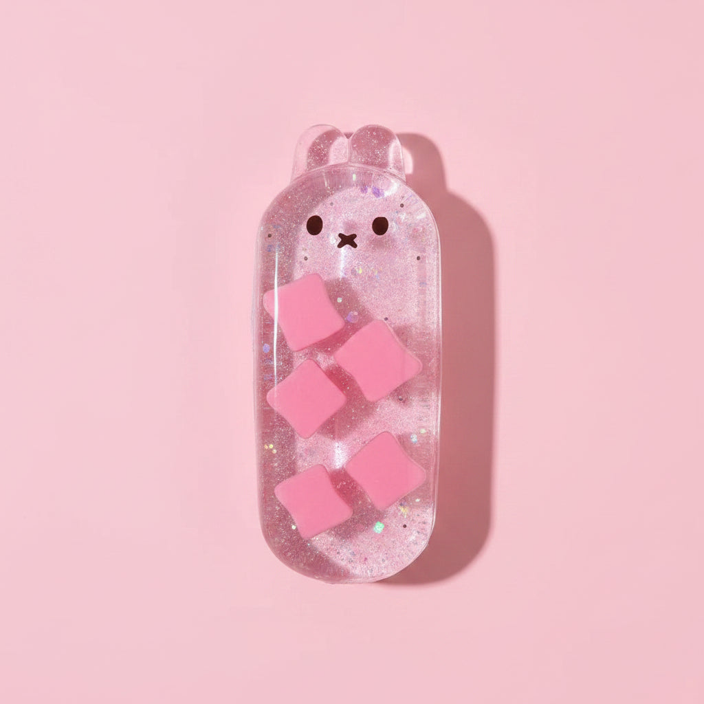 Strawberry Bunny Taba Squishy with pink glitter gel and marshmallow details on a soft pink background.