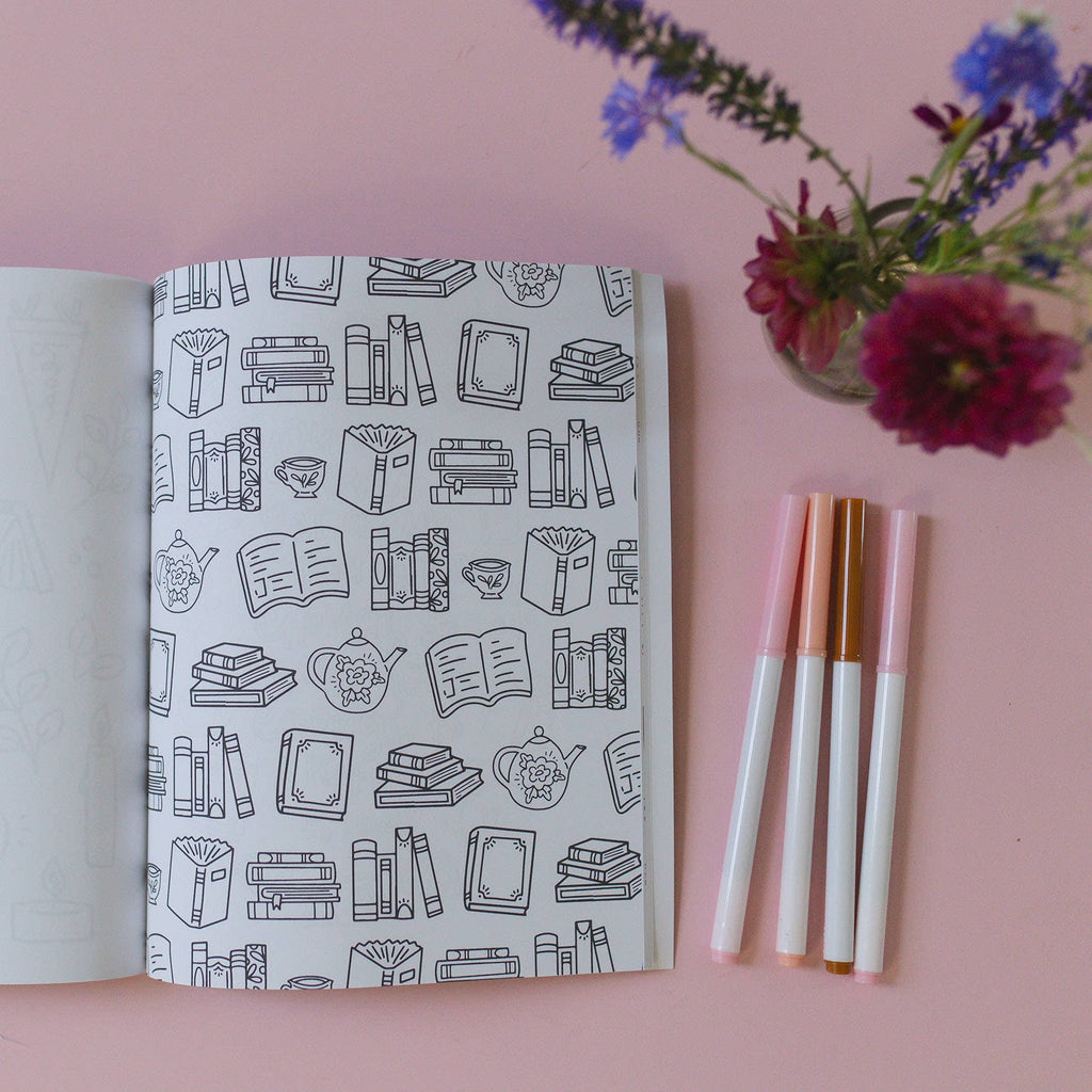 Reading-themed coloring page featuring literary quotes and book designs.