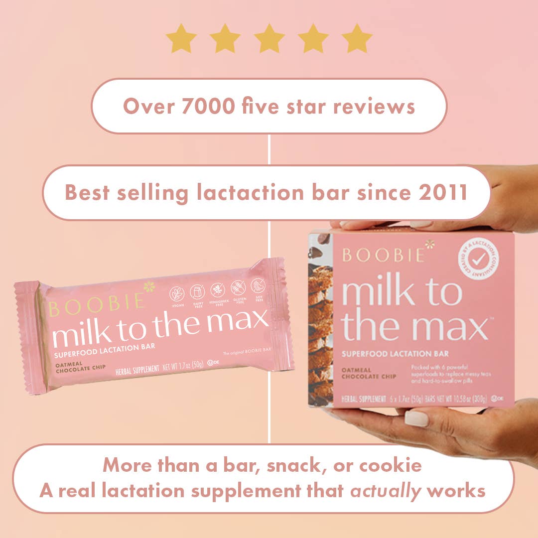 Milk to the Max Oatmeal Chocolate Chip Lactation Bar by Boobie Superfoods, bestselling breastfeeding supplement with over 7,000 five-star reviews for postpartum and nursing moms.
