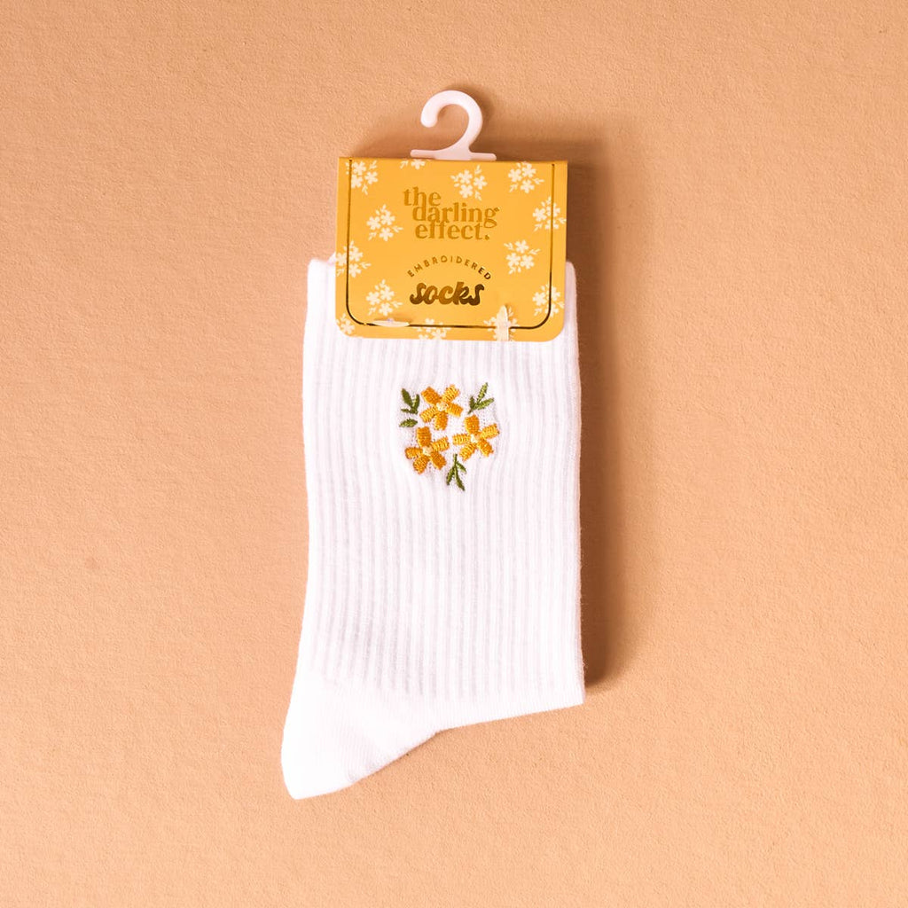 Floral Embroidered Crew Socks - Yellow