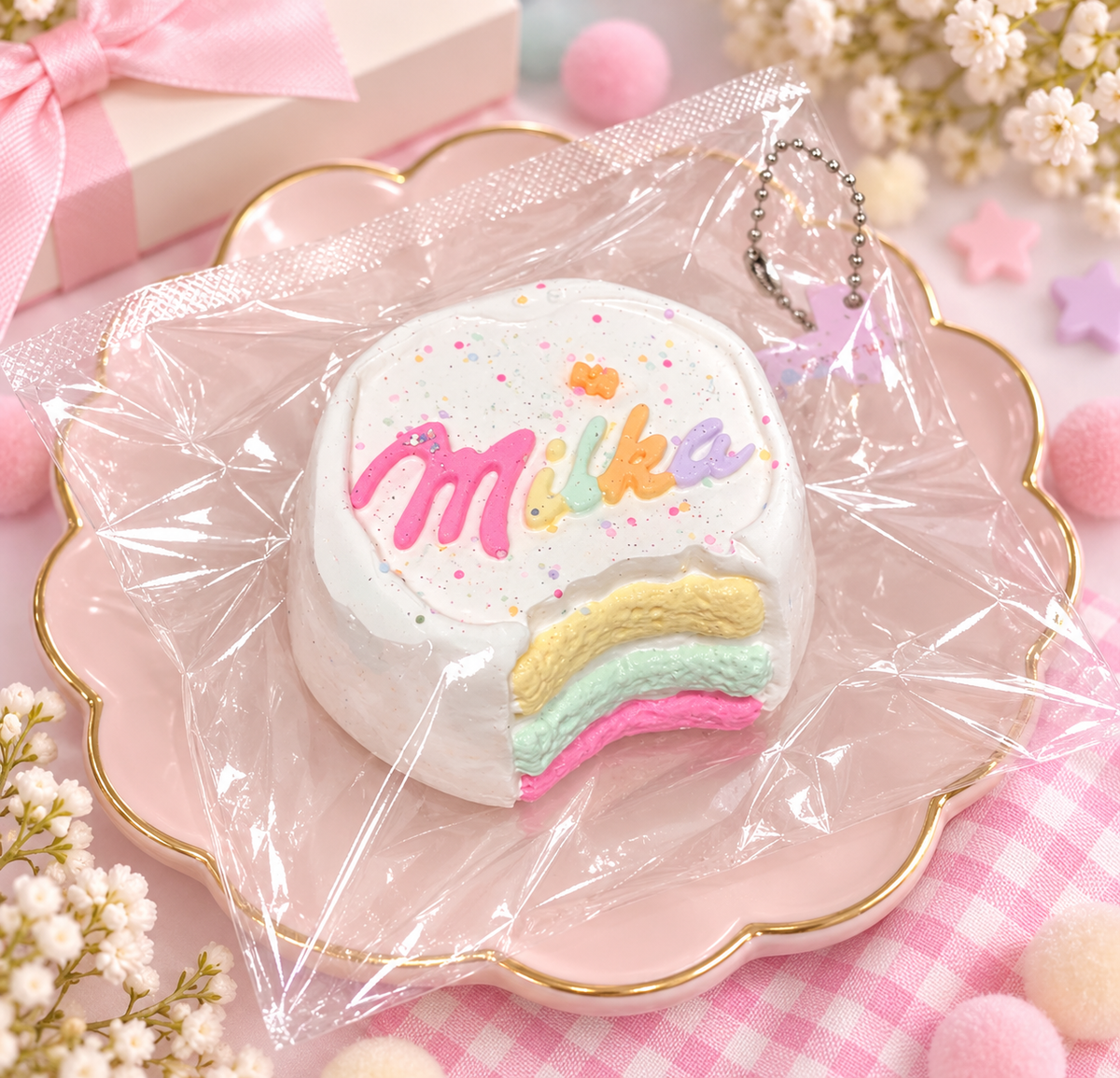 Rainbow Milka TABA Squishy in clear packaging on a pink scalloped plate, featuring white frosting, rainbow sprinkles, pastel lettering and a bitten cake design revealing yellow, mint green and pink layers.