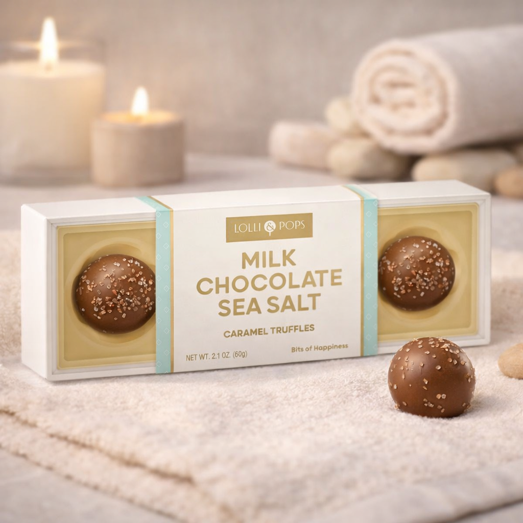 Box of milk chocolate sea salt truffles with candles and towels in the background