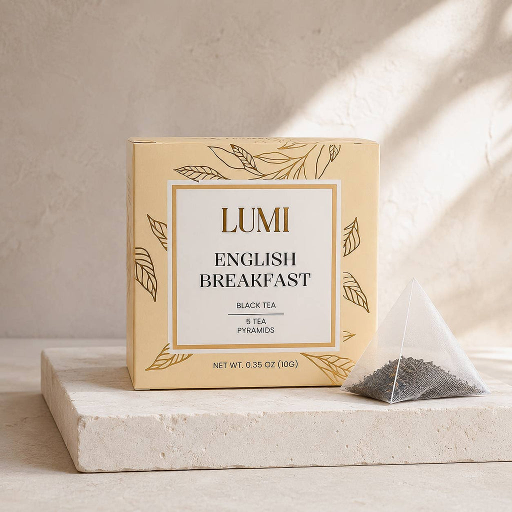 A box of LUMI English Breakfast black tea sits on a light stone pedestal with a single pyramid tea bag beside it. The packaging is cream with gold botanical line art, and the tea bag contains dark tea leaves.