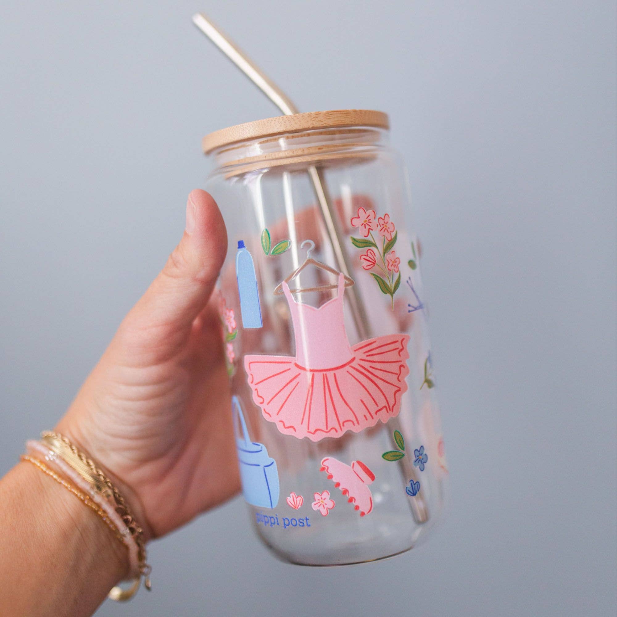Dance Life Essentials 16 oz glass can featuring hand-illustrated ballet essentials with bamboo lid and reusable glass straw.