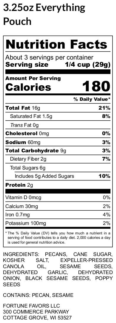 A close-up of a nutrition facts label for '3.25oz Everything Pouch' showing serving size, calories, and ingredients including pecans, cane sugar, sesame seeds, and poppy seeds.