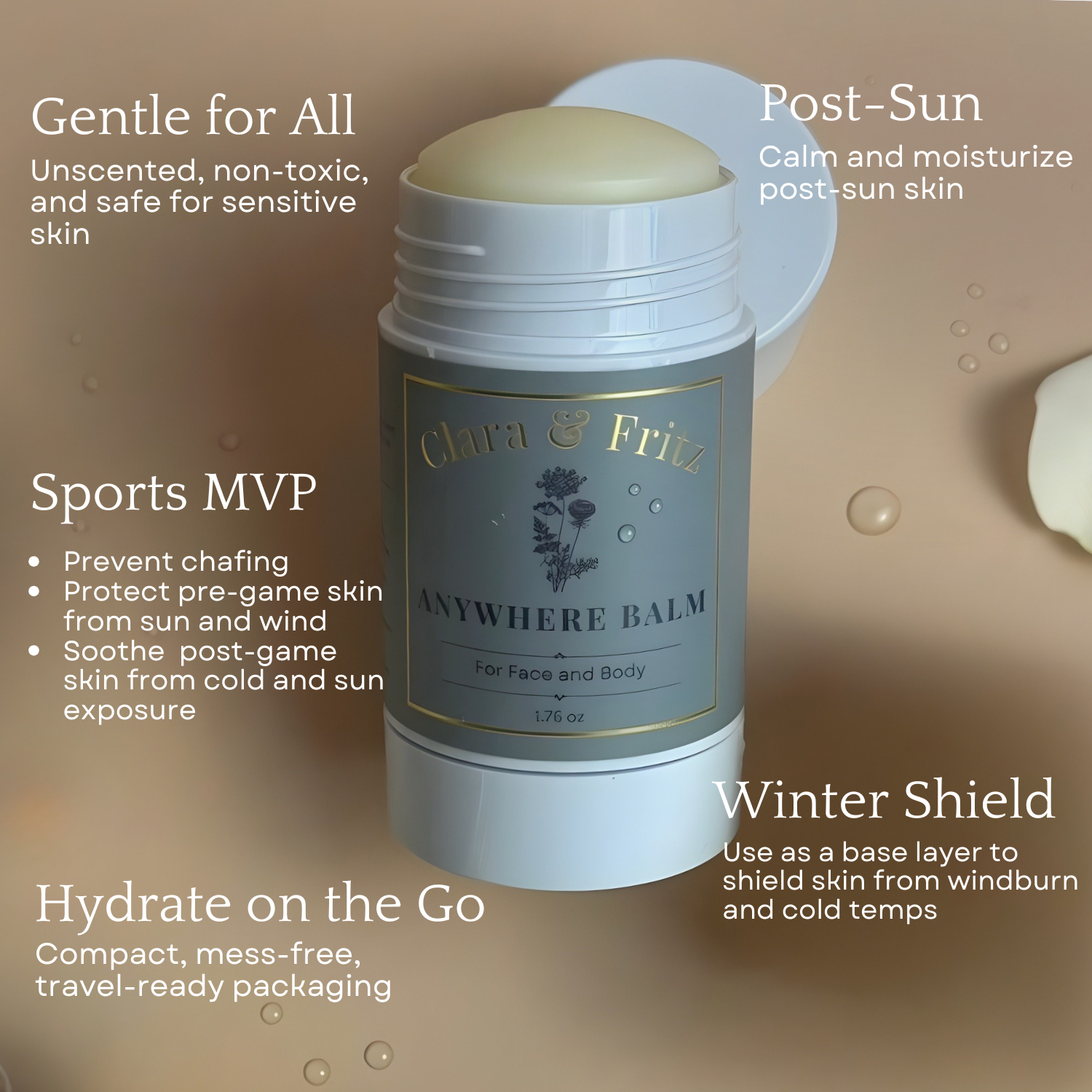 Anywhere Balm stick with branding and product features on a beige background