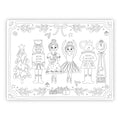 Coloring page with Nutcracker characters and decorative elements on a white background