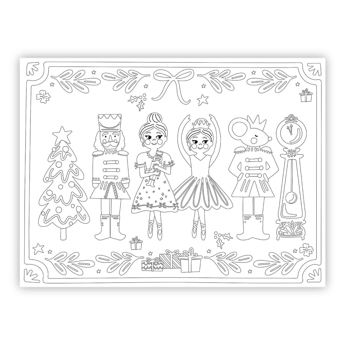 Coloring page with Nutcracker characters and decorative elements on a white background