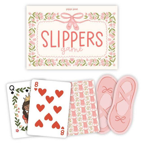 Slippers game card set by Pippi Post, featuring a floral-bordered title card reading 'SLIPPERS game,' three illustrated playing cards, and a pair of pink slipper-shaped pieces on a white background.