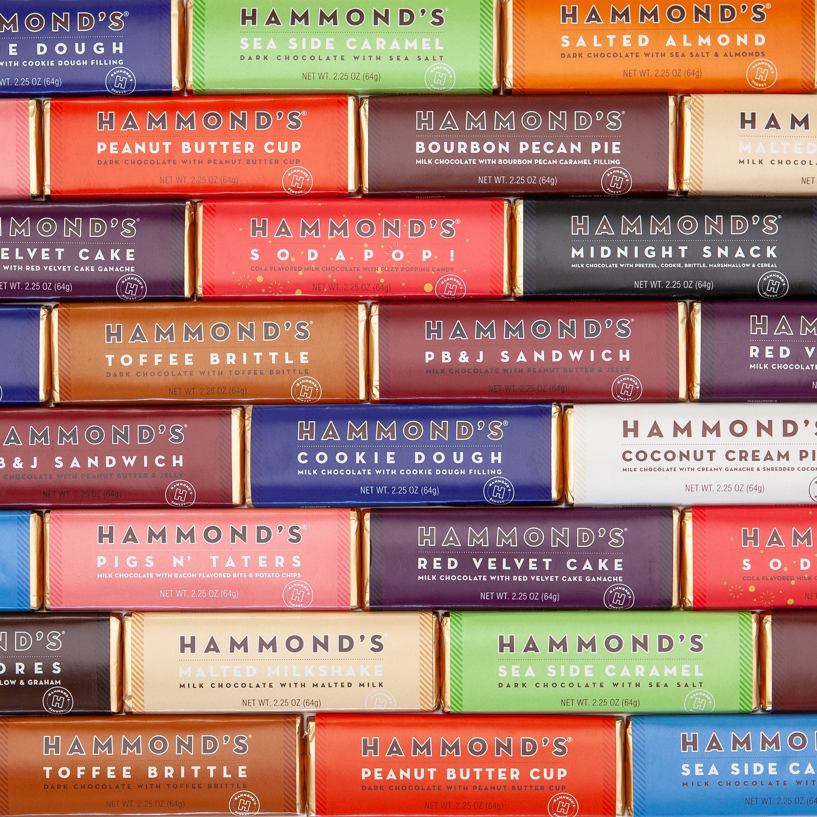 Collection of Hammond's chocolate bars in various flavors arranged in a grid.
