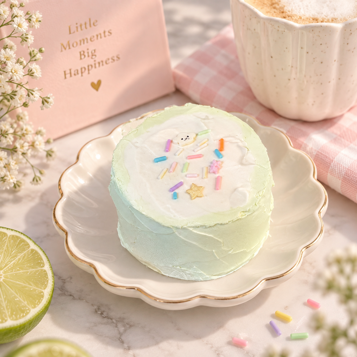 Lime Frosted Cake TABA Squishy with mint-green sides, white frosting and colorful sprinkles, displayed on a scalloped cream plate with gold trim in a pastel pink bakery-inspired setting.