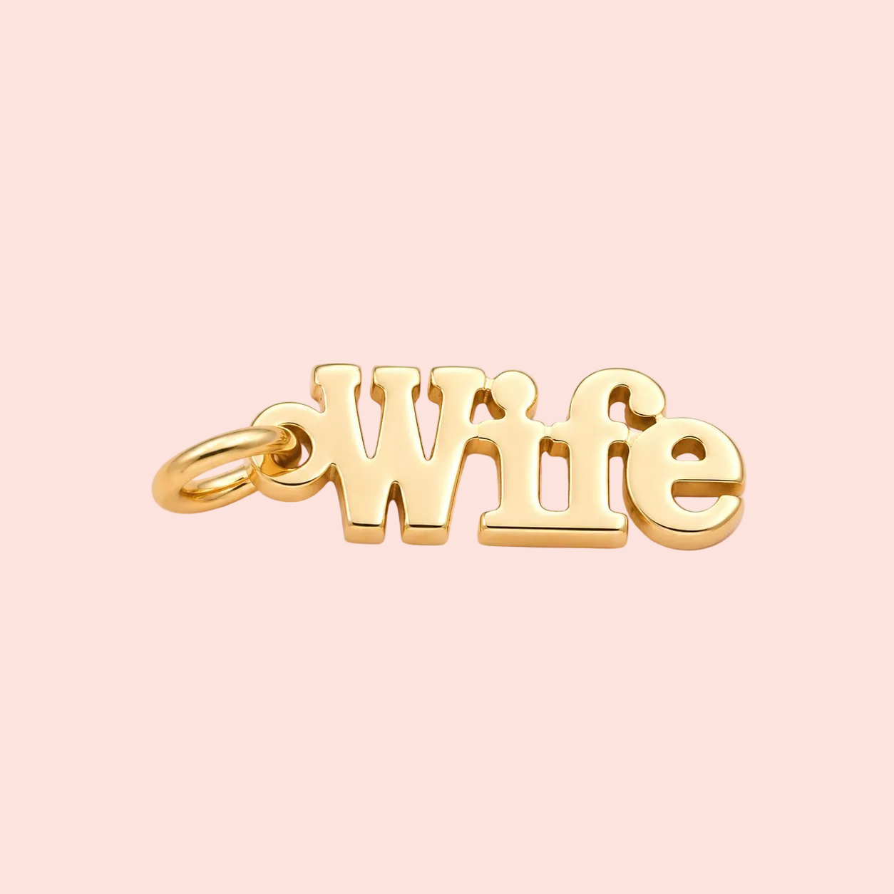 Gold 'Wife' pendant on a pink background