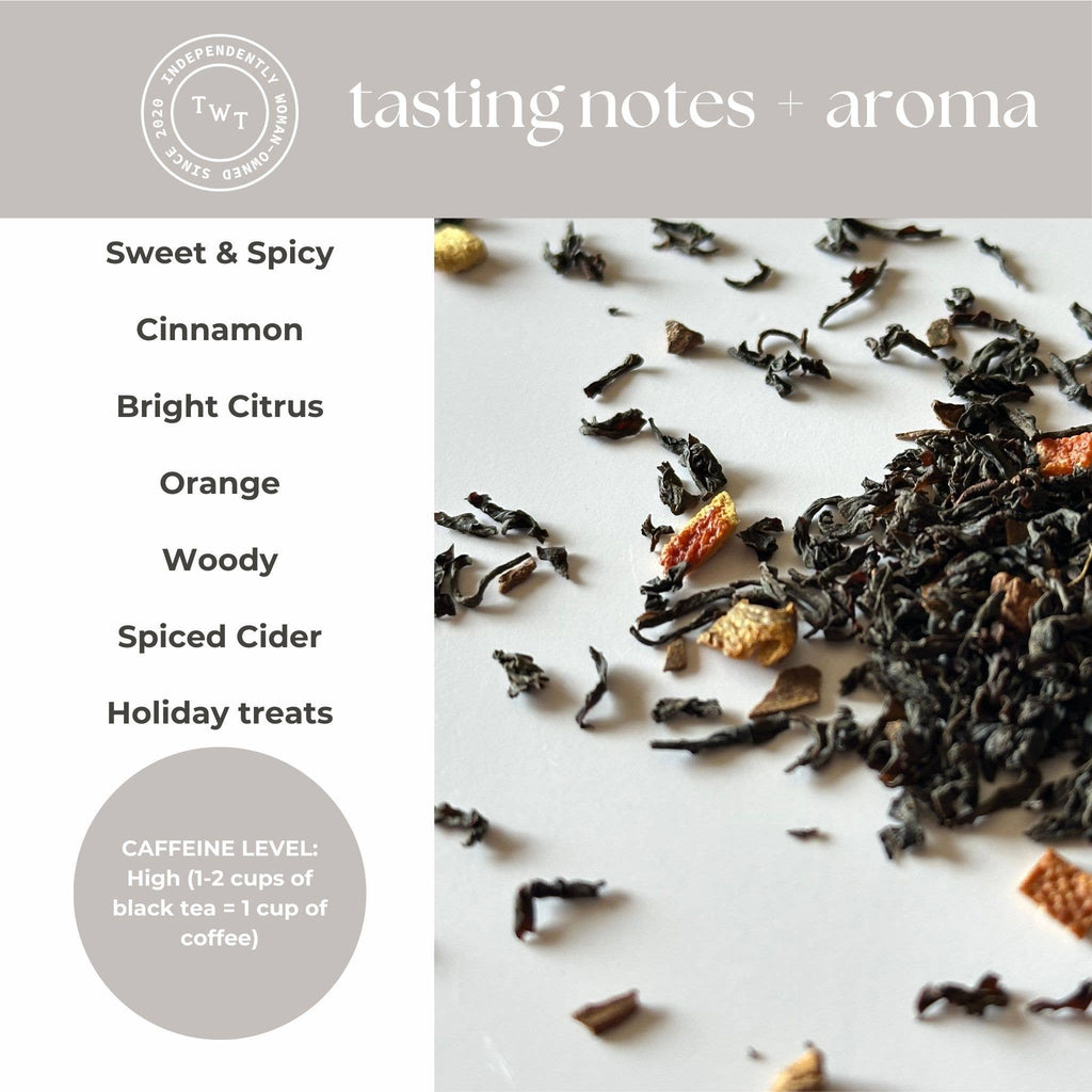 Tea leaves with tasting notes and aroma description on a light background