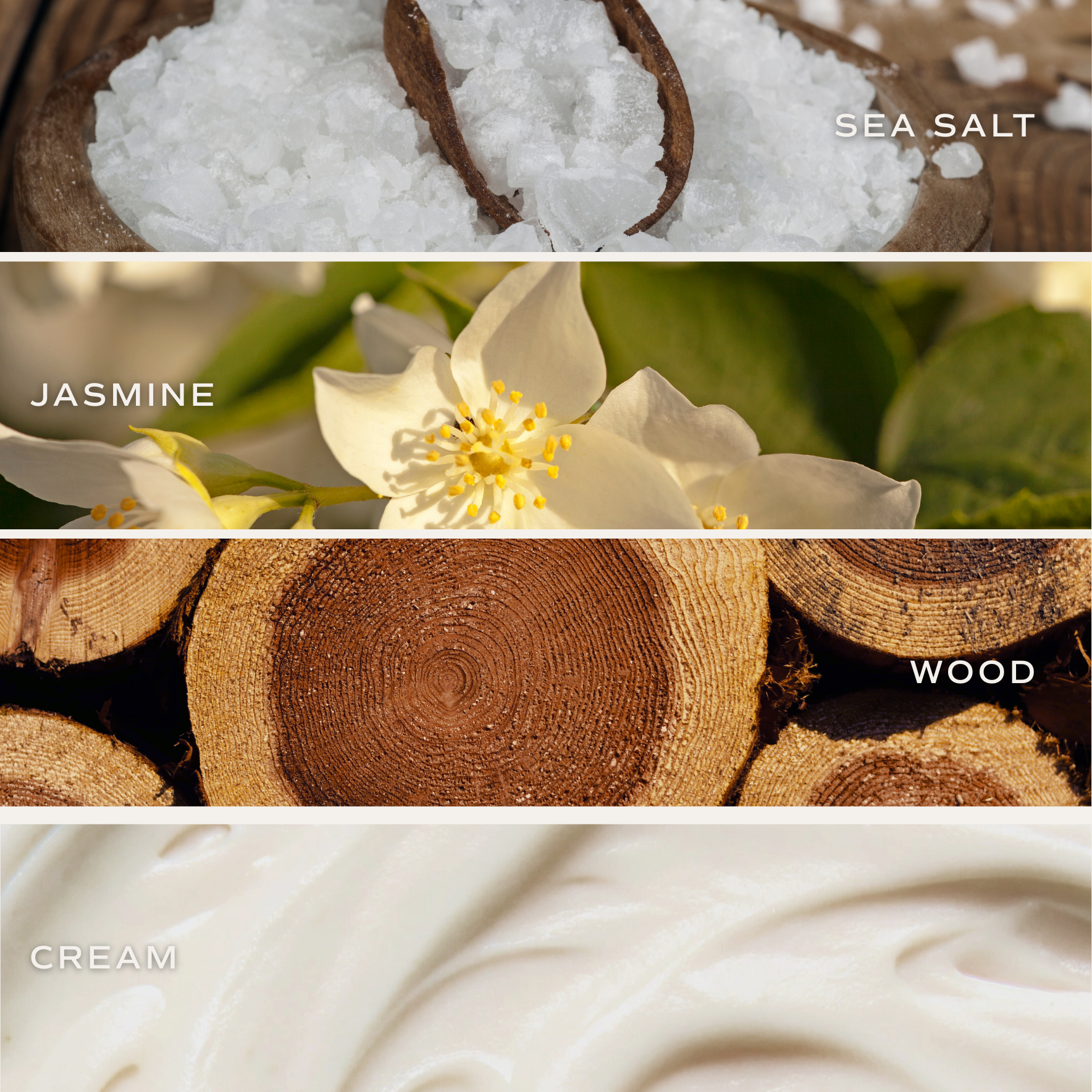 Collection of images including sea salt, jasmine flower, wood logs, and cream.