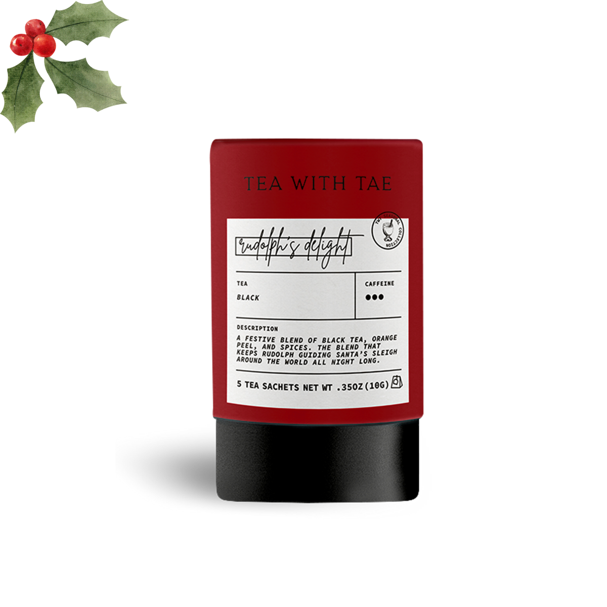 Tea package with label and holly leaves on a white background