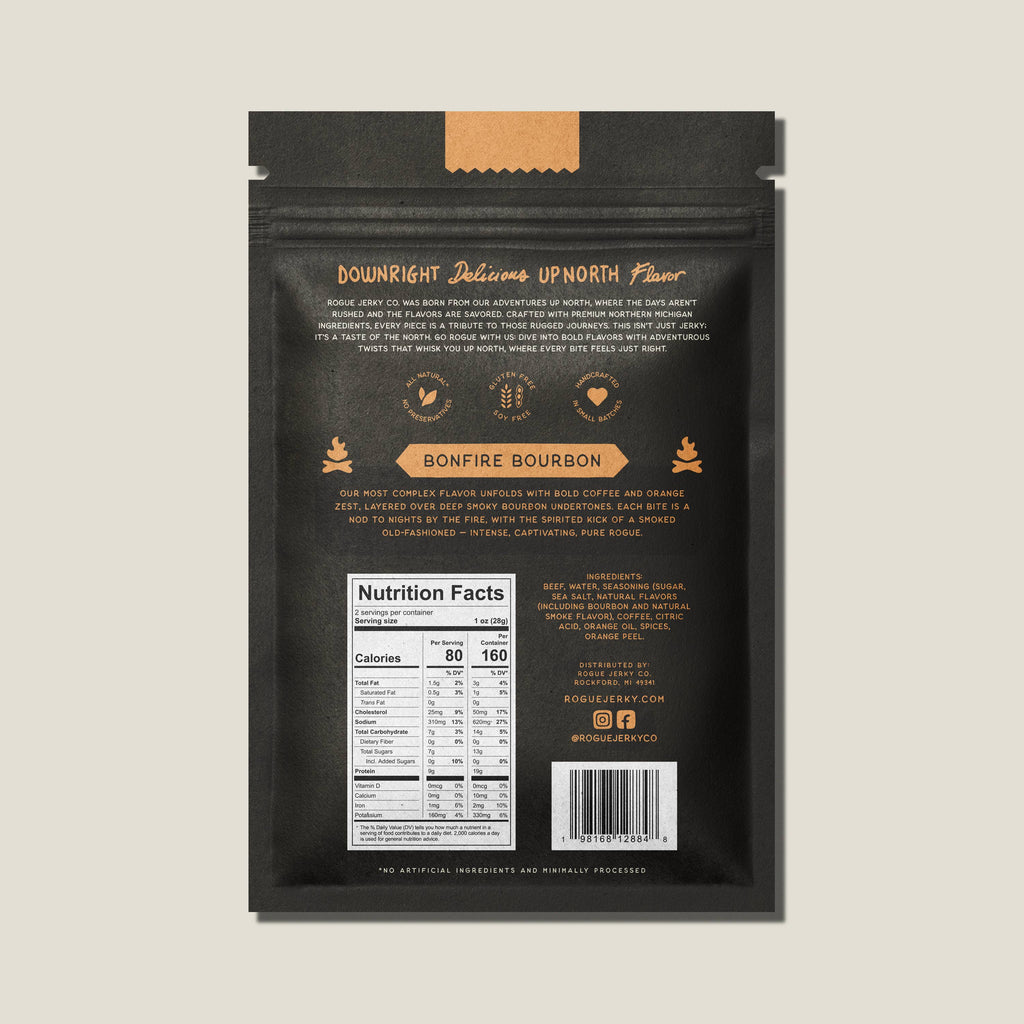 Black coffee packaging with 'Bonfire Bourbon' flavor description on a beige background