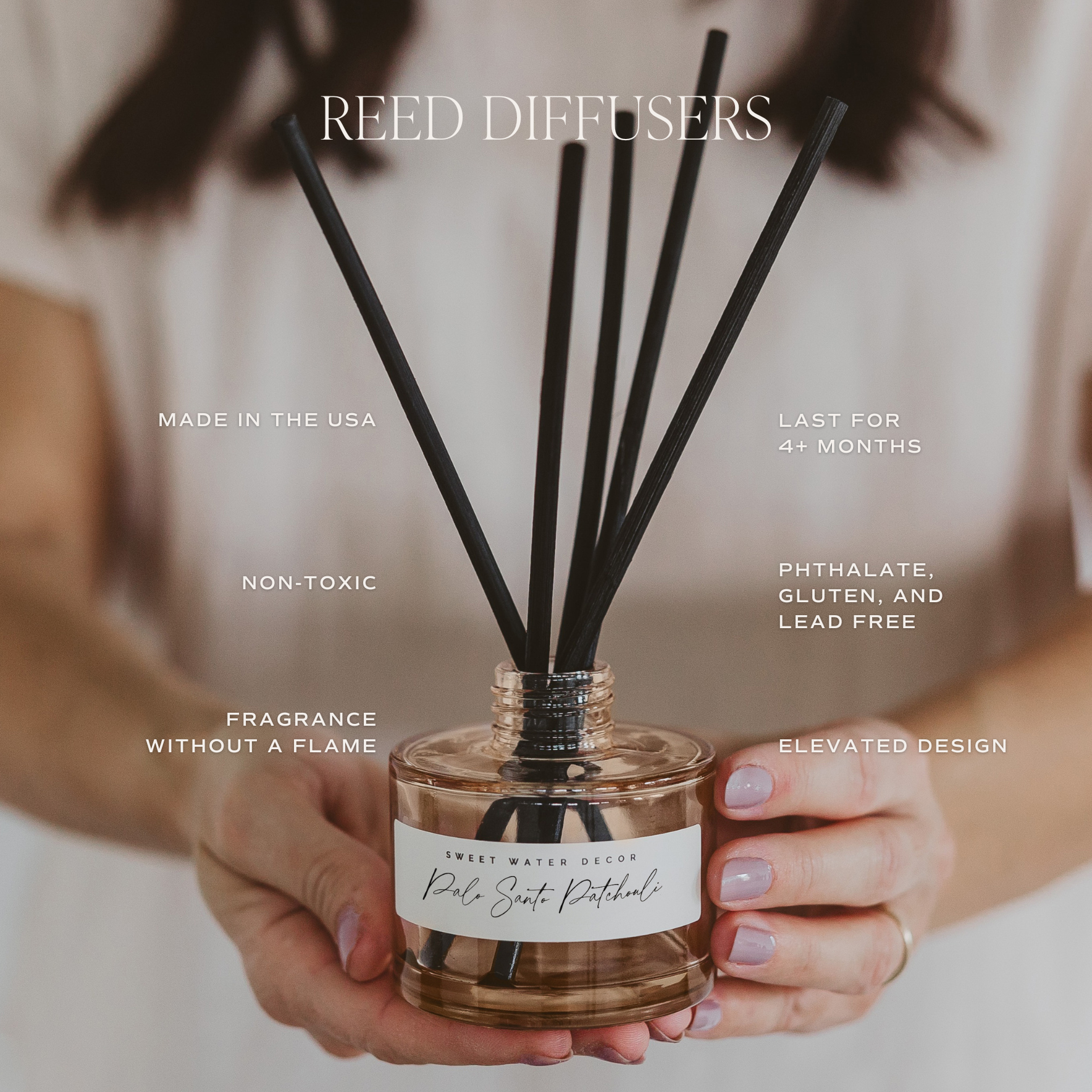 Reed diffuser held by a person with product details on a blurred background