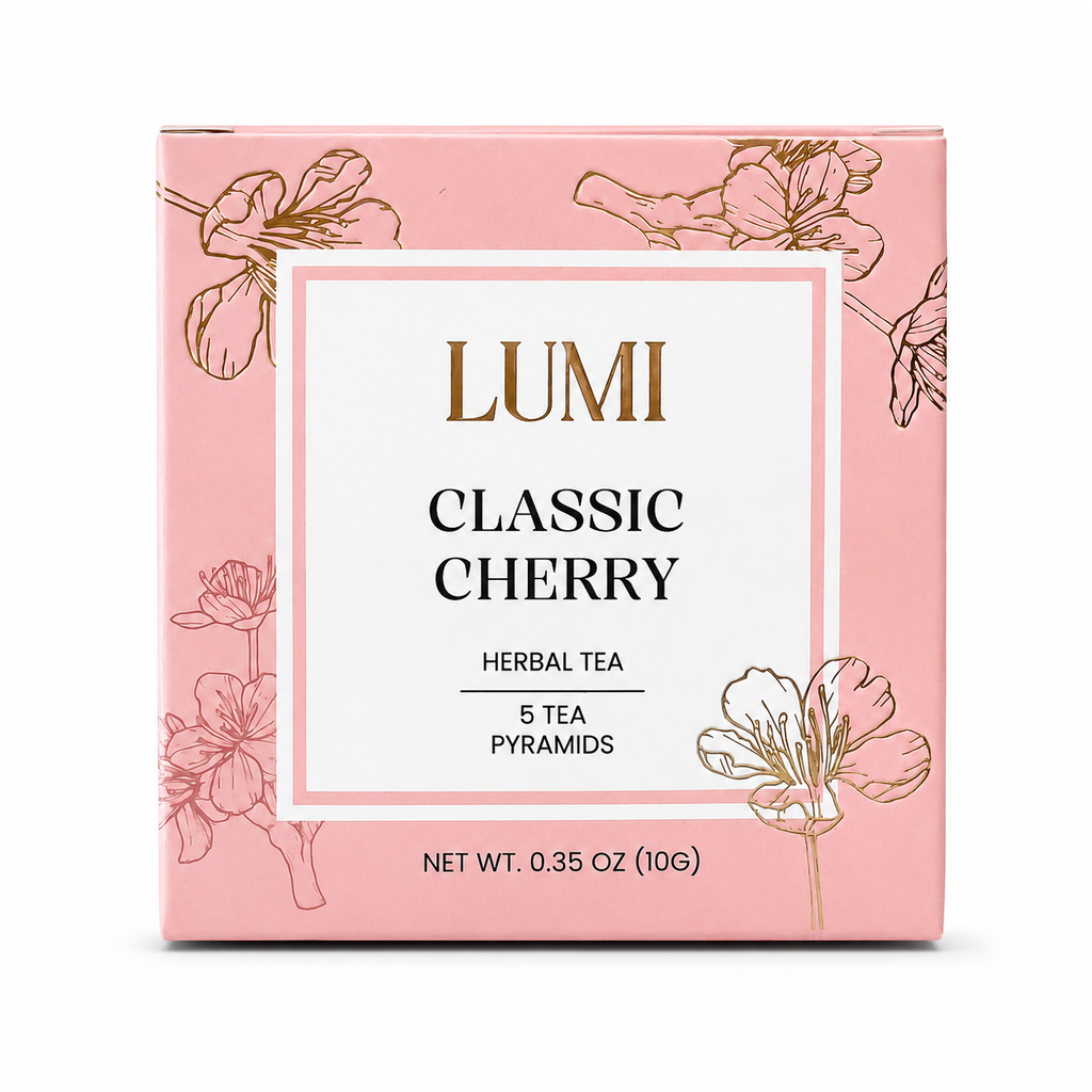 Lumi Classic Cherry herbal tea packaging on a white background