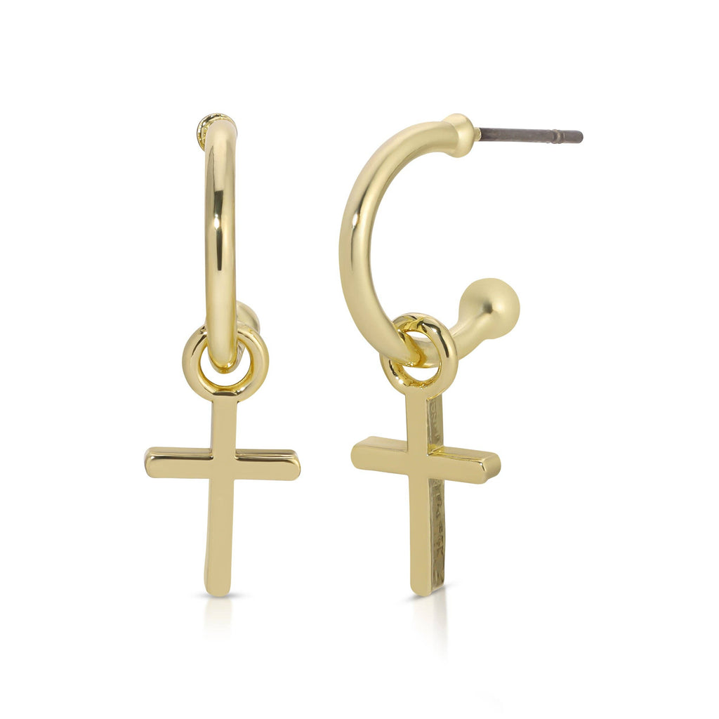 Gold hoop earrings with cross charms on a white background