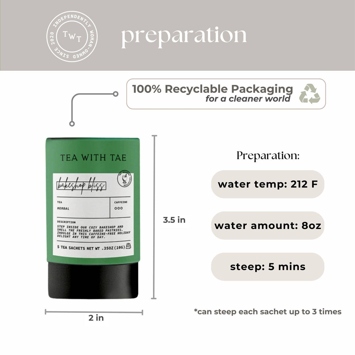 Tea package with preparation instructions and recyclable packaging label on a white background