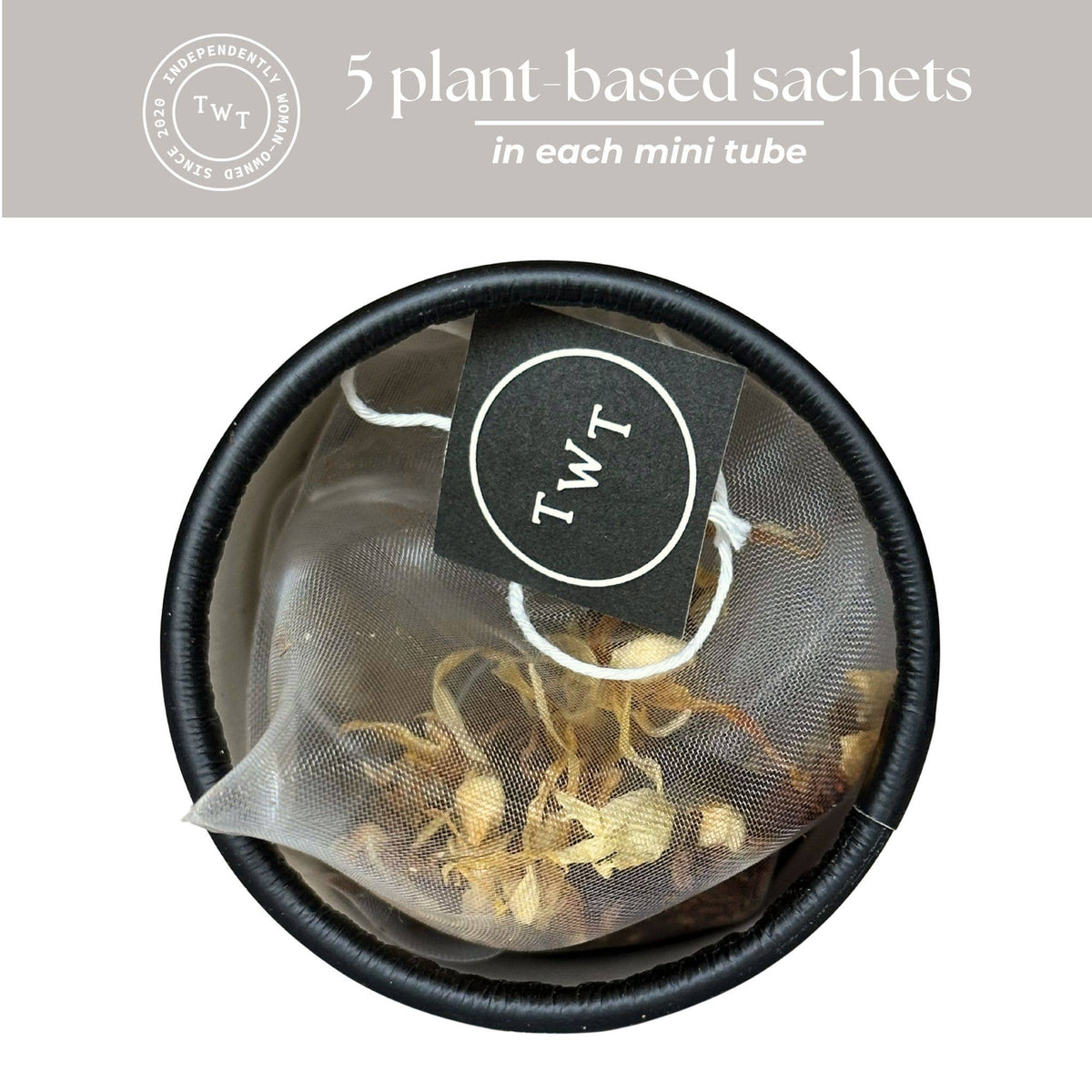 Plant-based tea sachet in a black mesh bag with TWT label on a white background