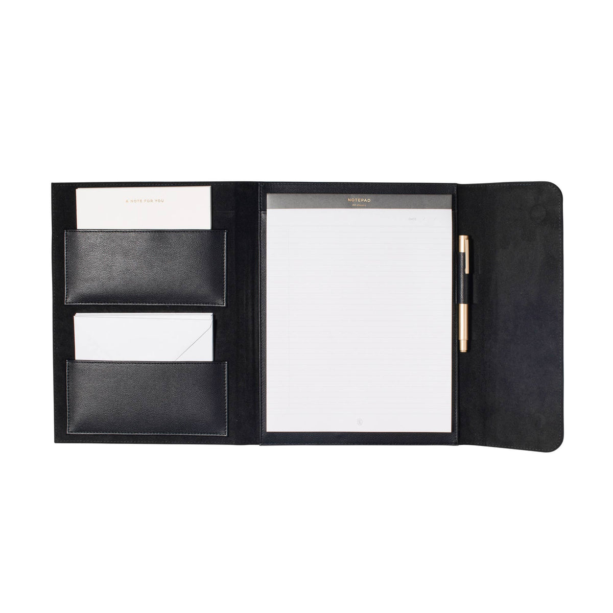 Executive faux leather padfolio opened to reveal a lined legal writing pad, coordinating gold pen, business card pockets, document storage, and correspondence cards with envelopes. A professional portfolio designed for meetings, work, and everyday organization.