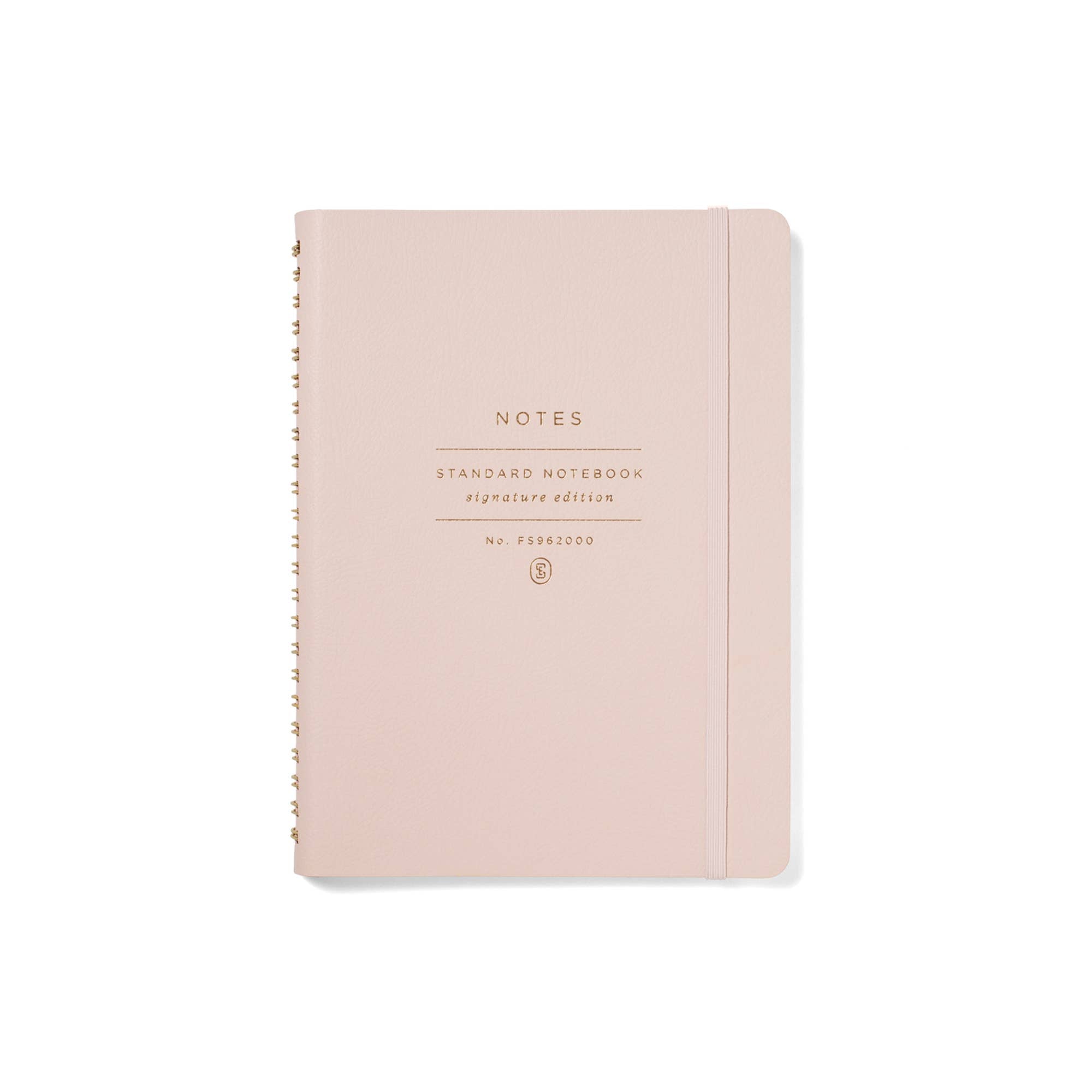 Blush faux leather Signature Edition spiral notebook with gold foil lettering, elastic band closure, and gold spiral binding. A beautiful lined journal for planning, journaling, work notes, and everyday inspiration.