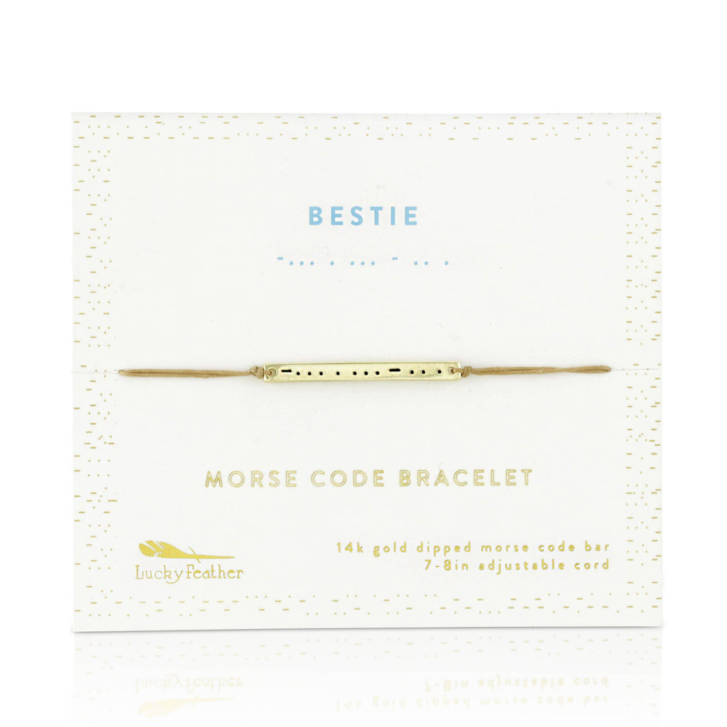 Gold Morse Code Bracelet packaging with 'Bestie' text on a white background