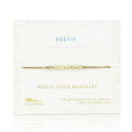 Gold Morse Code Bracelet packaging with 'Bestie' text on a white background
