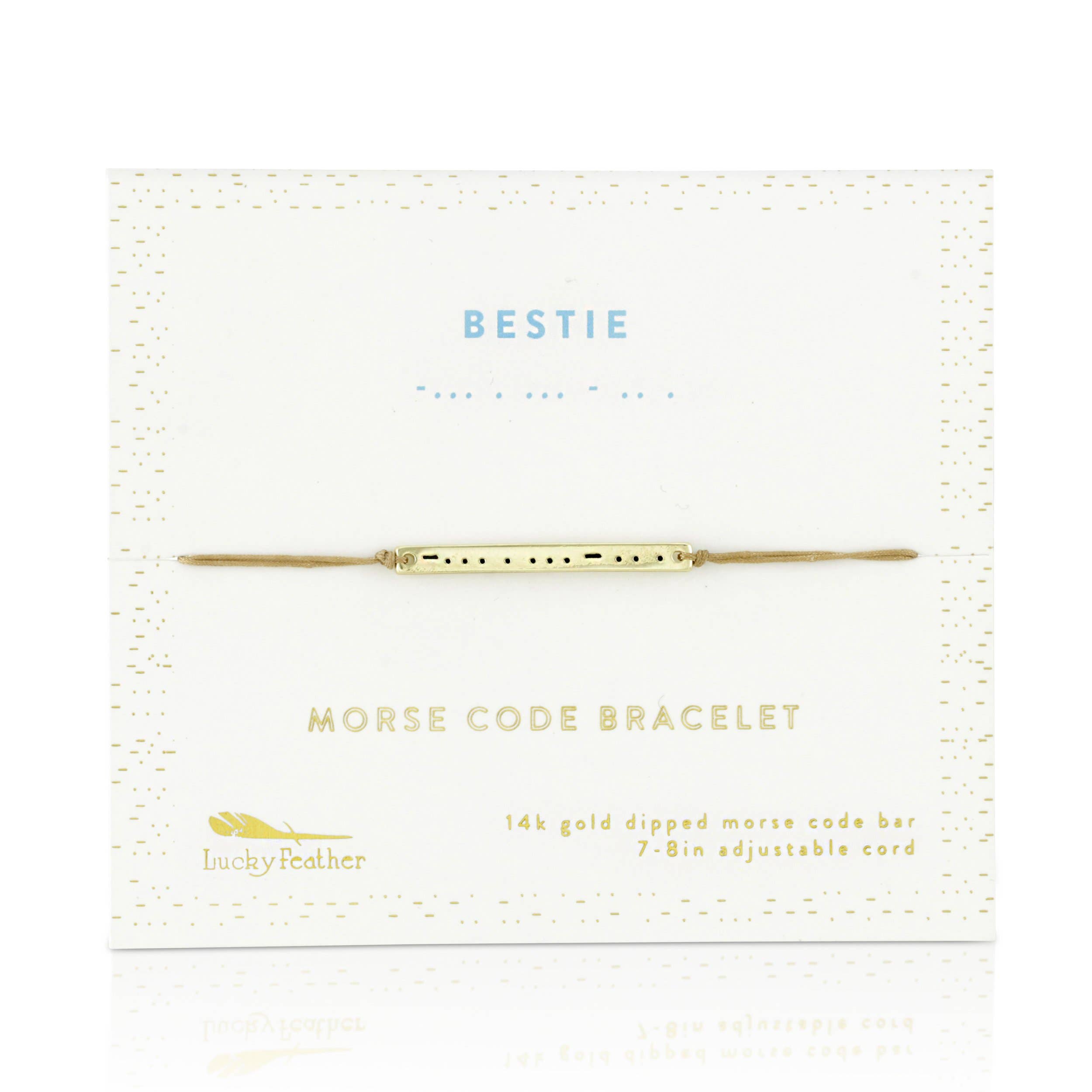 Gold Morse Code Bracelet packaging with 'Bestie' text on a white background
