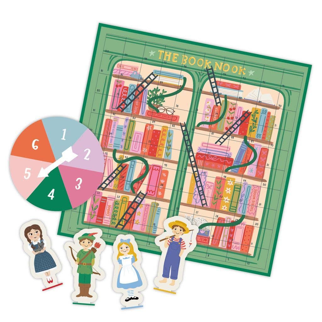 Board game set with 'The Book Nook' theme, including a board, spinner, and character pieces.