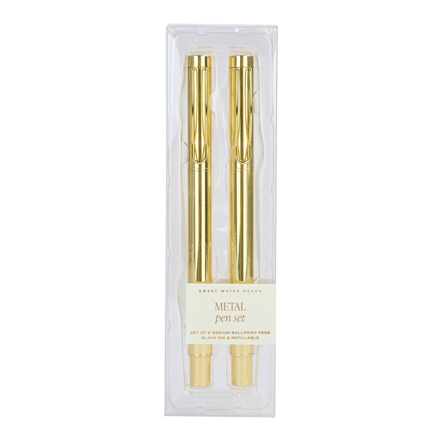 Set of two gold metal pens in packaging on a white background