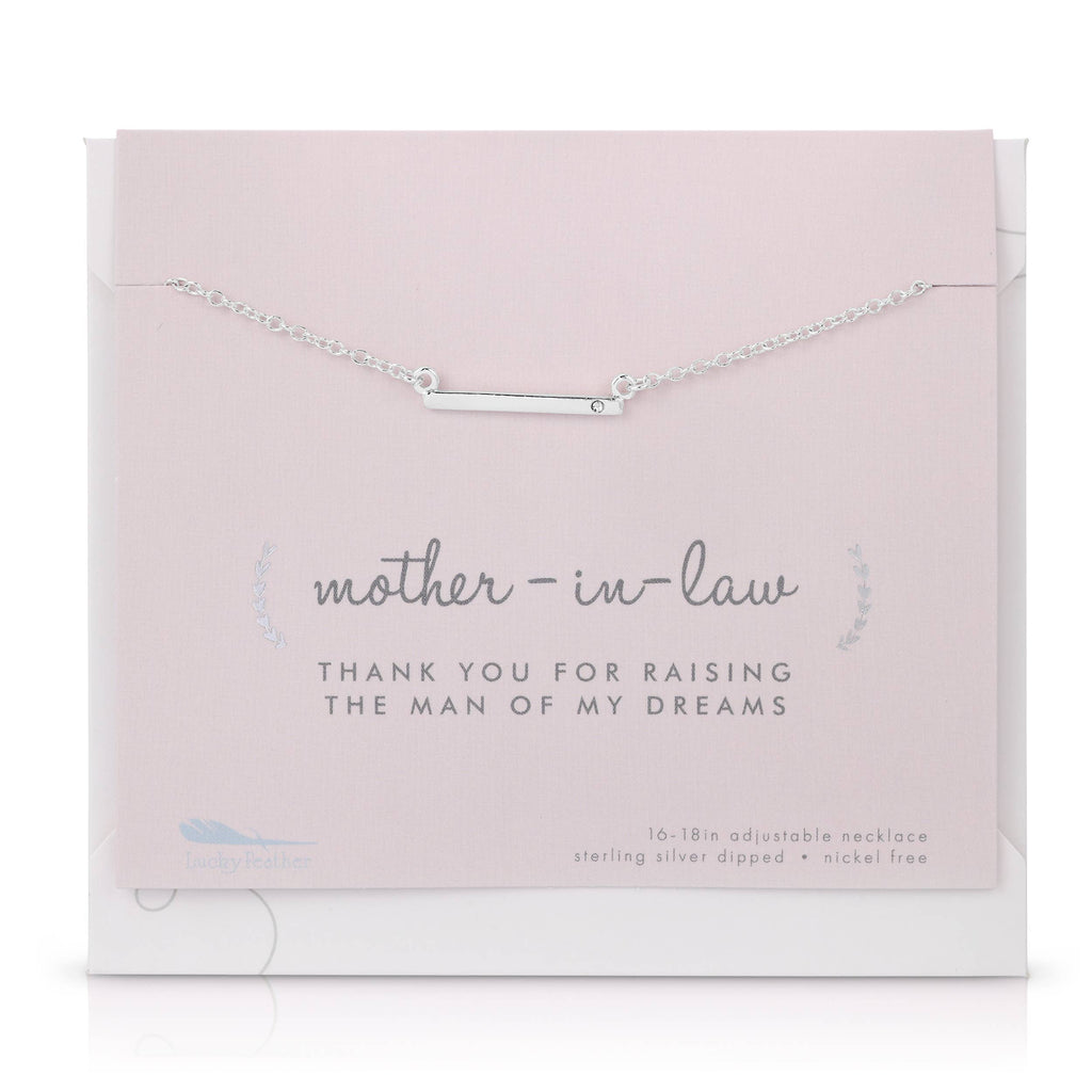 Necklace on a pink card with 'mother-in-law' message