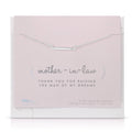 Necklace on a pink card with 'mother-in-law' message