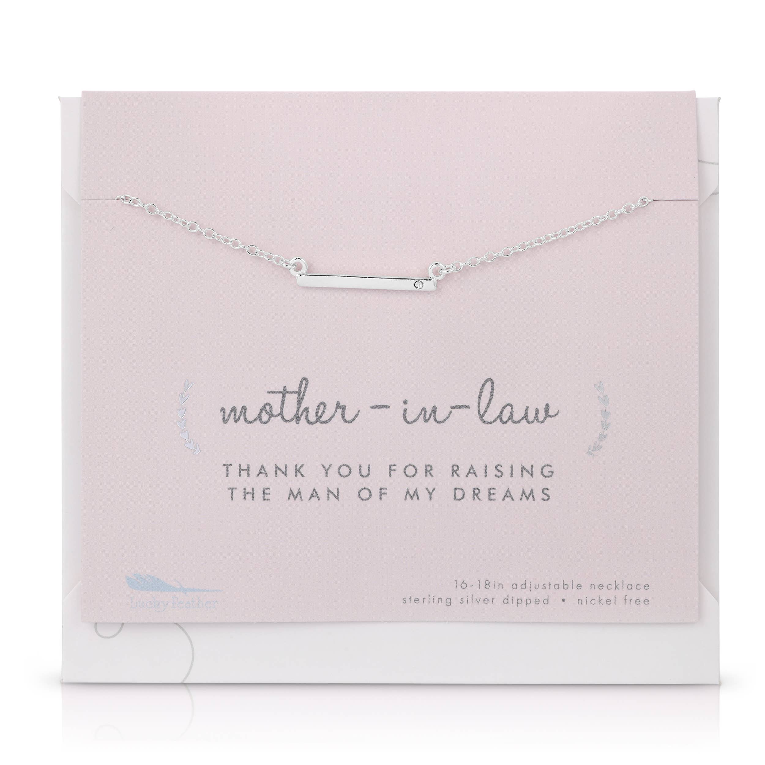 Necklace on a pink card with 'mother-in-law' message