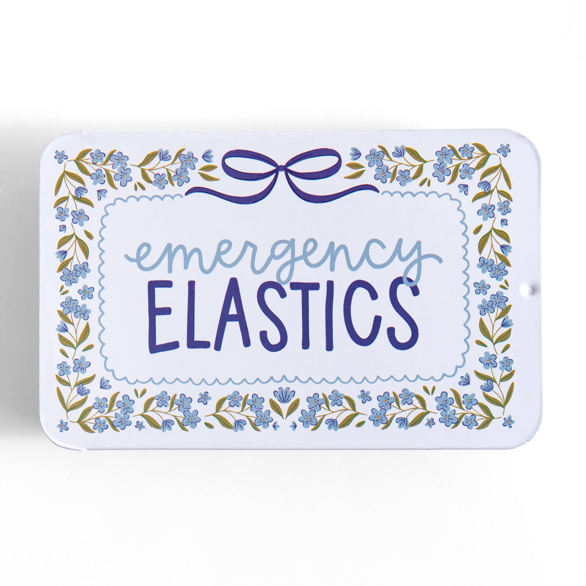 Card with 'emergency ELASTICS' text and decorative elements on a white background