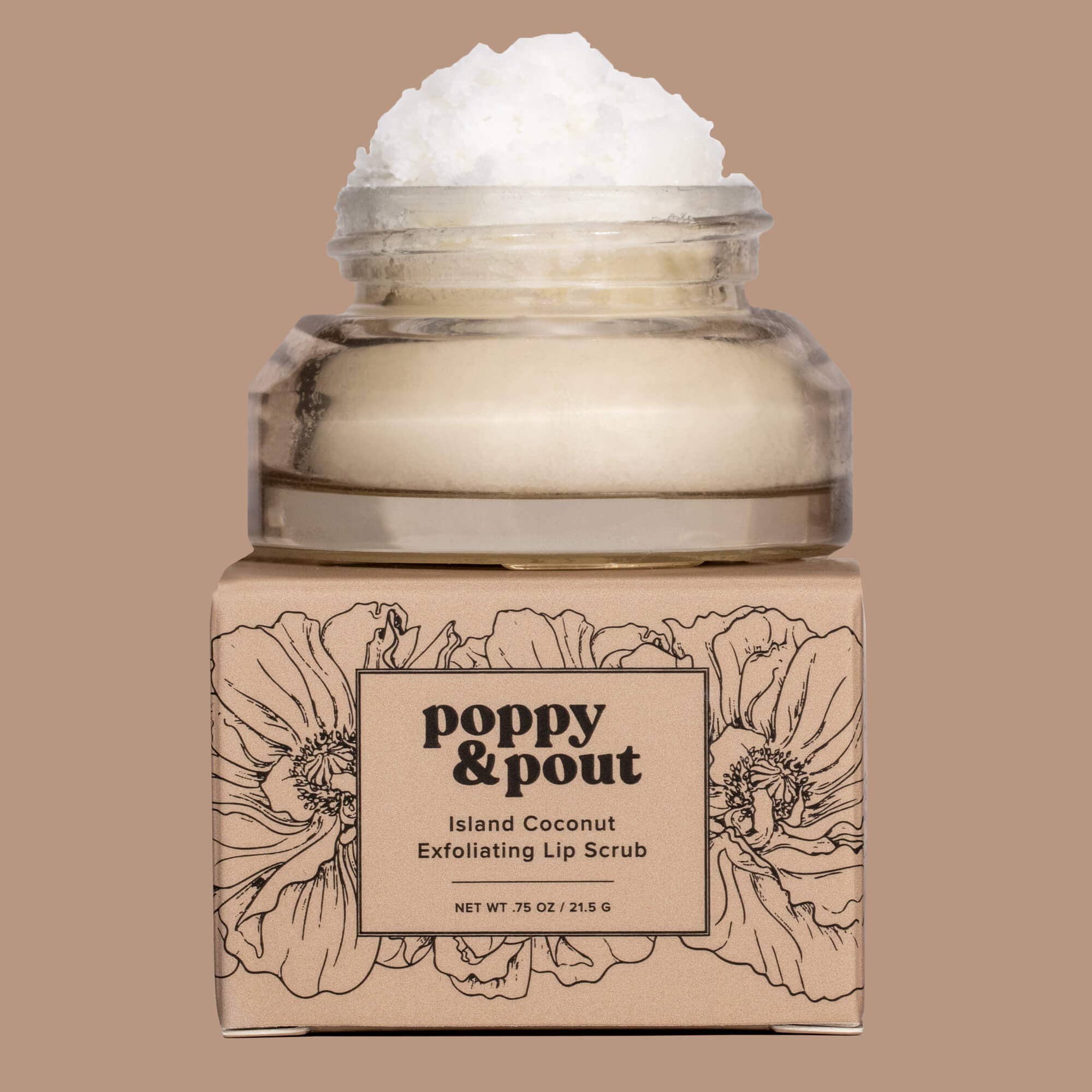 Jar of poppy & pout Island Coconut Exfoliating Lip Scrub on a beige background