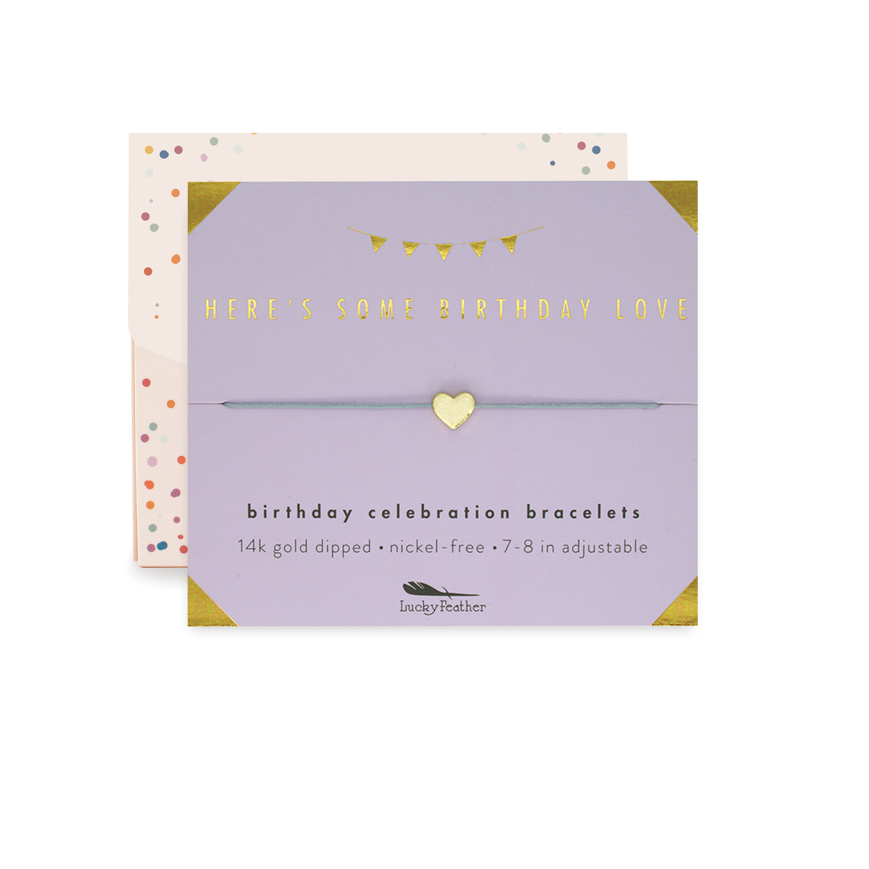 Bracelet packaging with gold heart charm on a white background