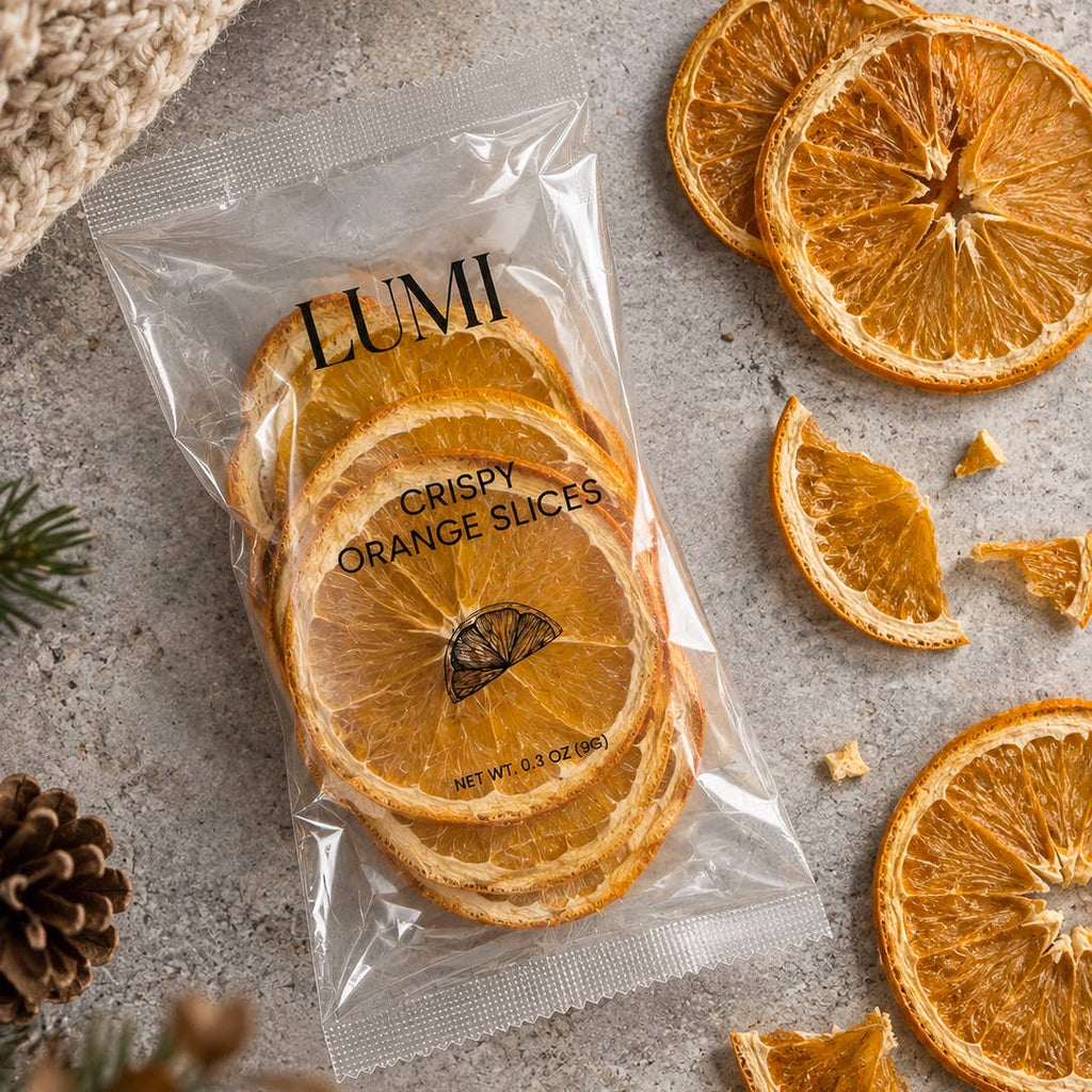 package with loose slices: LUMI crispy orange slices pouch beside loose dried orange rounds, with pinecones and greenery on a gray surface.